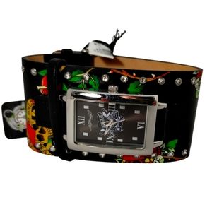 Ed Hardy Unisex Leather Cuff Skull Watch Love Kills Slowly Watch VTG Retired